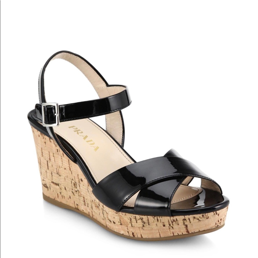 Prada patent leather cork wedge sandals sz.37.5